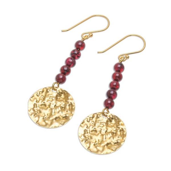 Alternate image for Natural Garnet Bead and Brass Coin Dangle Earrings Golden Coin in Red