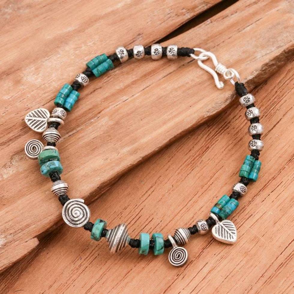 Hill Tribe Reconstituted Turquoise Silver Charm Bracelet 'Global Rhythm'