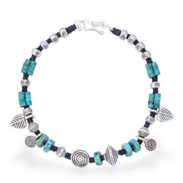 Alternate image for Hill Tribe Reconstituted Turquoise Silver Charm Bracelet Global Rhythm