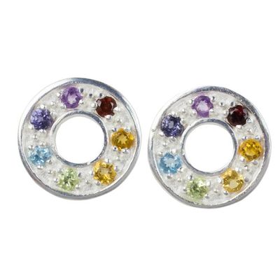 Alternate image for Chakra Wheel Multiple Gemstones on Sterling Silver Earrings Chakra Honor Wheel