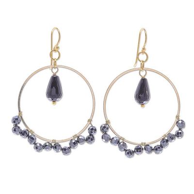 Alternate image for Hand Crafted Gold Plated Onyx and Hematite Dangle Earrings Witching Hour