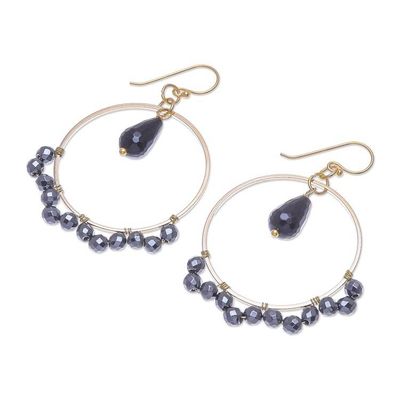 Alternate image for Hand Crafted Gold Plated Onyx and Hematite Dangle Earrings Witching Hour