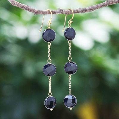 Alternate image for Handmade Gold Plated Onyx Gemstone Dangle Earrings Threefold Moon
