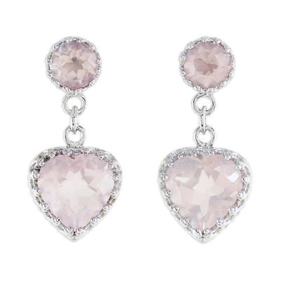 Alternate image for Rhodium Plated Rose Quartz Heart Earrings from Thailand Rosy Hearts