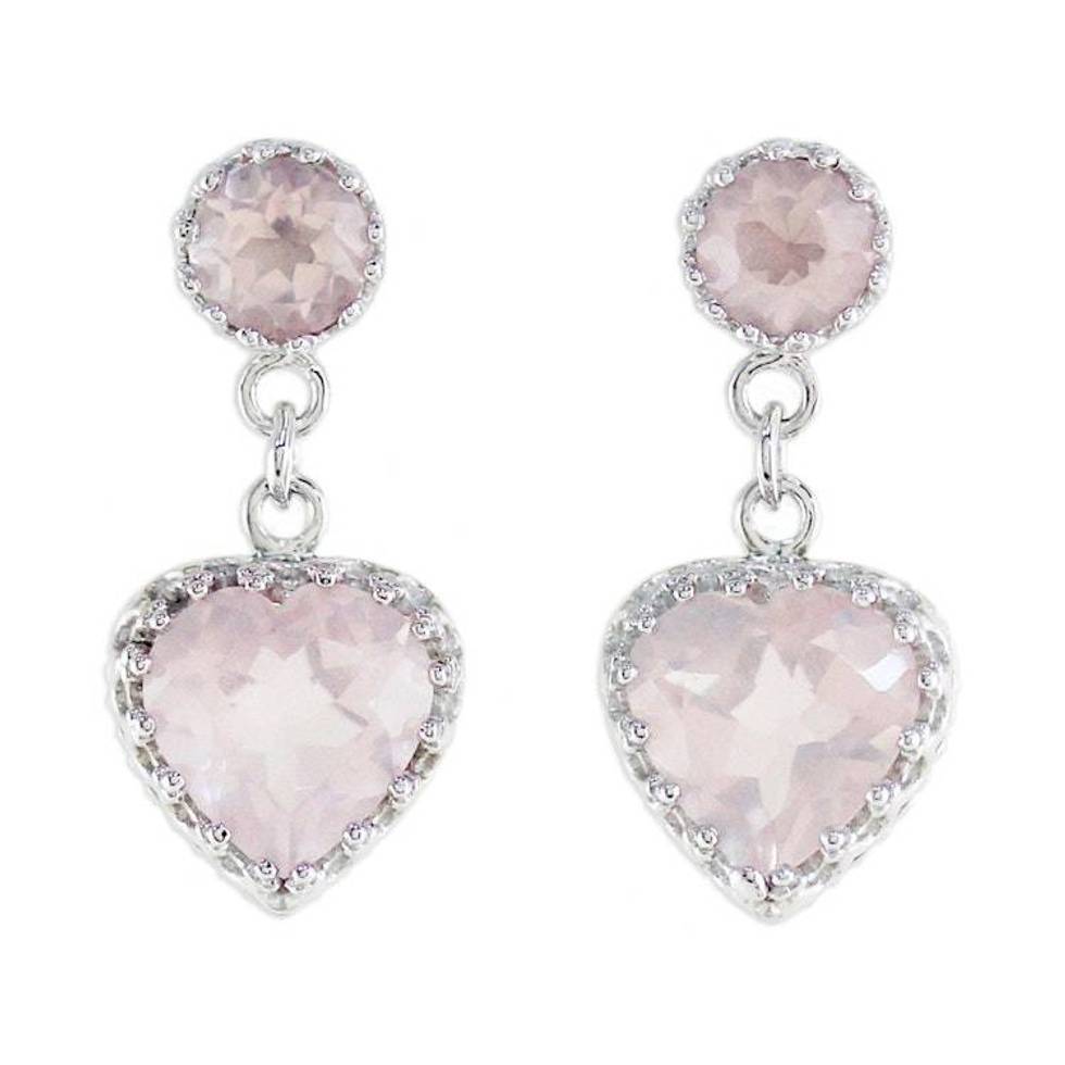 Rhodium Plated Rose Quartz Heart Earrings from Thailand 'Rosy Hearts'