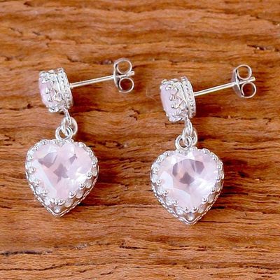 Alternate image for Rhodium Plated Rose Quartz Heart Earrings from Thailand Rosy Hearts