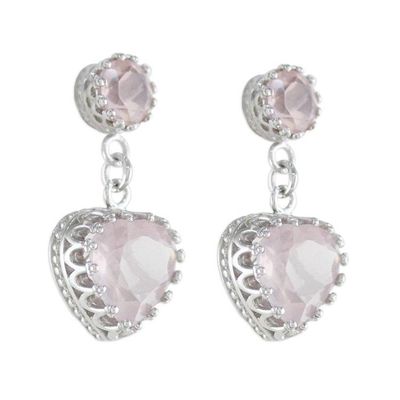 Alternate image for Rhodium Plated Rose Quartz Heart Earrings from Thailand Rosy Hearts