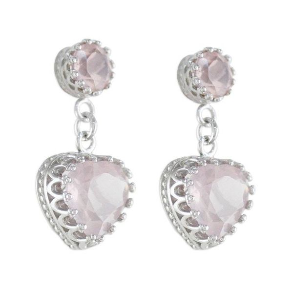 Alternate image for Rhodium Plated Rose Quartz Heart Earrings from Thailand Rosy Hearts