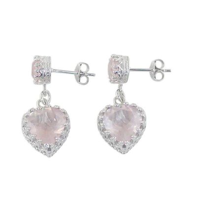 Alternate image for Rhodium Plated Rose Quartz Heart Earrings from Thailand Rosy Hearts