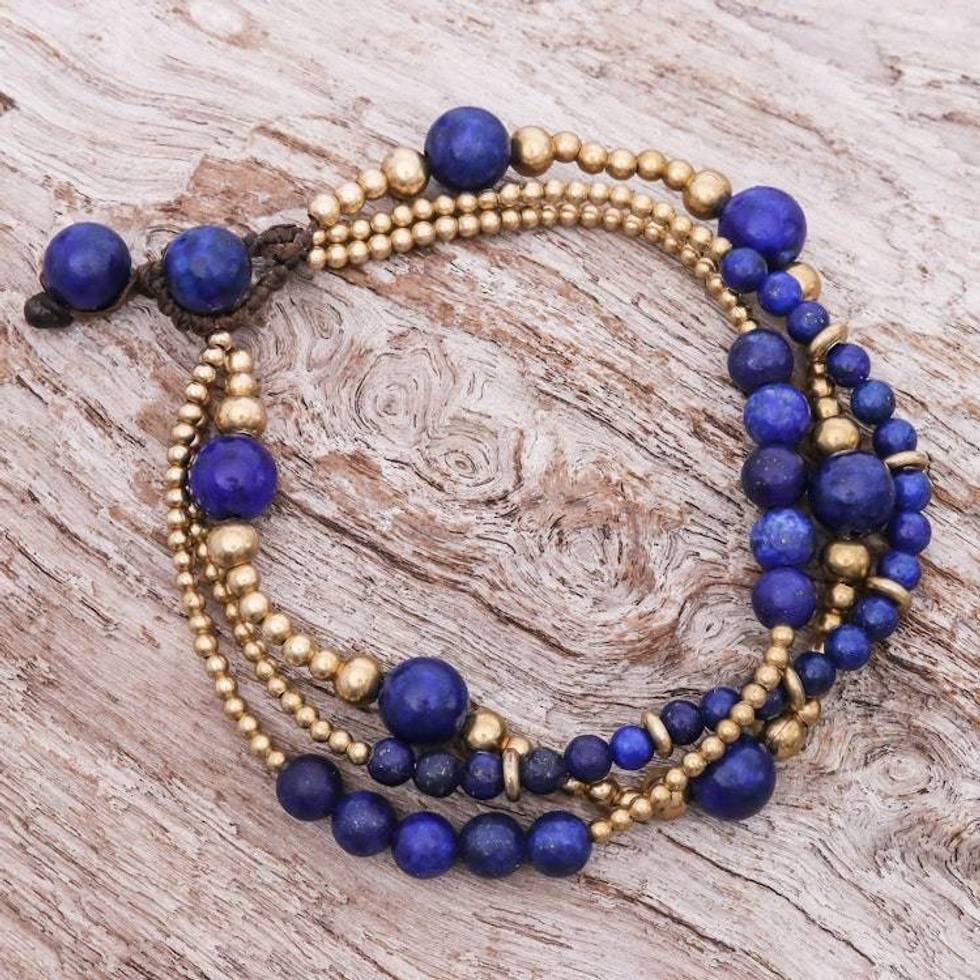 Blue Lapis Lazuli and Brass Beaded Bracelet 'Natural Wonders'