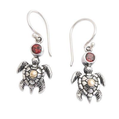 Primary image for 18k Gold-Accented Garnet Silver Sea Turtle Dangle Earrings Baby Turtle