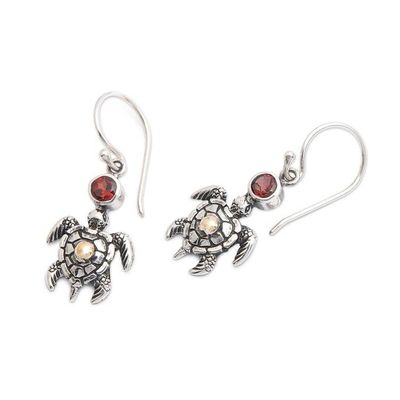 Alternate image for 18k Gold-Accented Garnet Silver Sea Turtle Dangle Earrings Baby Turtle