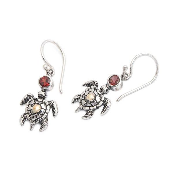 Alternate image for 18k Gold-Accented Garnet Silver Sea Turtle Dangle Earrings Baby Turtle