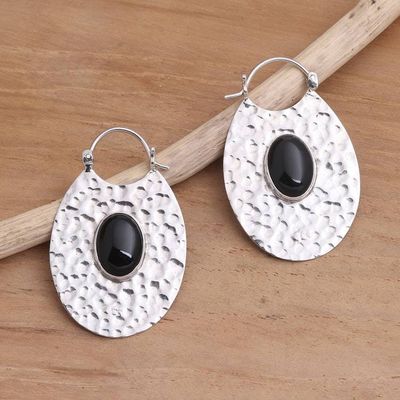 Alternate image for Hammered Sterling Silver Oval Hoop Earrings with Black Onyx Oval Shadow