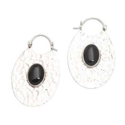 Alternate image for Hammered Sterling Silver Oval Hoop Earrings with Black Onyx Oval Shadow