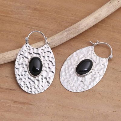 Alternate image for Hammered Sterling Silver Oval Hoop Earrings with Black Onyx Oval Shadow