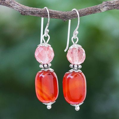 Alternate image for Artisan Crafted Carnelian and Quartz Dangle Earrings Tangerine Day
