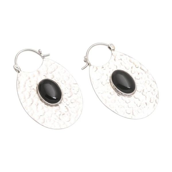 Alternate image for Hammered Sterling Silver Oval Hoop Earrings with Black Onyx Oval Shadow