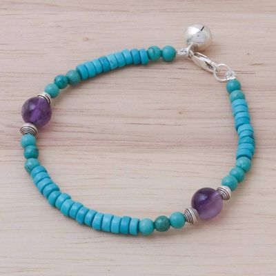 Alternate image for Calcite Amethyst Sterling Silver Beaded Bracelet with Bell Shades of Aqua