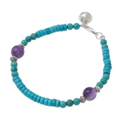 Alternate image for Calcite Amethyst Sterling Silver Beaded Bracelet with Bell Shades of Aqua