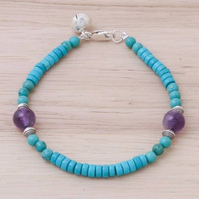 Alternate image for Calcite Amethyst Sterling Silver Beaded Bracelet with Bell Shades of Aqua