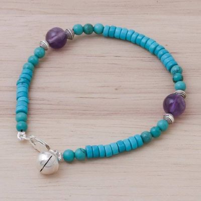Alternate image for Calcite Amethyst Sterling Silver Beaded Bracelet with Bell Shades of Aqua