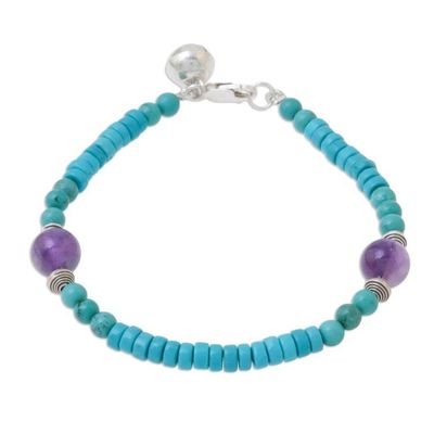 Alternate image for Calcite Amethyst Sterling Silver Beaded Bracelet with Bell Shades of Aqua
