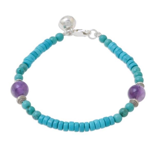 Alternate image for Calcite Amethyst Sterling Silver Beaded Bracelet with Bell Shades of Aqua