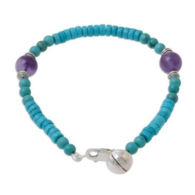 Alternate image for Calcite Amethyst Sterling Silver Beaded Bracelet with Bell Shades of Aqua
