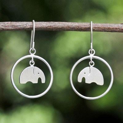 Primary image for Unique Sterling Silver Dangle Earrings Elephant Circle