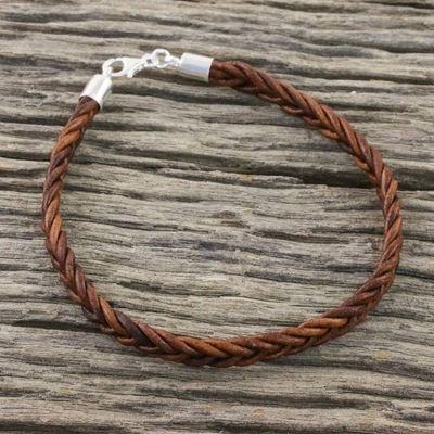 Alternate image for Leather Braided Wristband Bracelet in Mahogany from Thailand Style and Strength in Mahogany