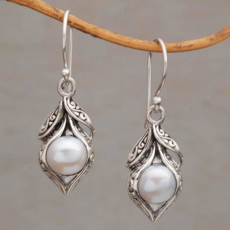 Cultured Freshwater Pearl Dangle Earrings from Bali 'Moonlit Petals'