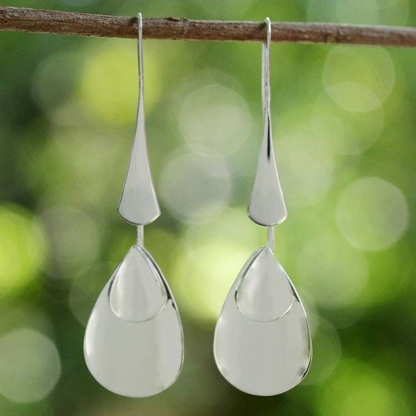 Alternate image for Sterling Silver Thai Modern Drop Shaped Dangle Earrings Raindrop Dreams