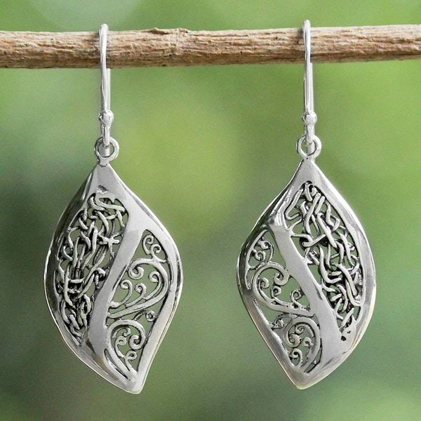 Alternate image for Sterling Silver Vine Motif Dangle Earrings from Thailand Leafy Brambles