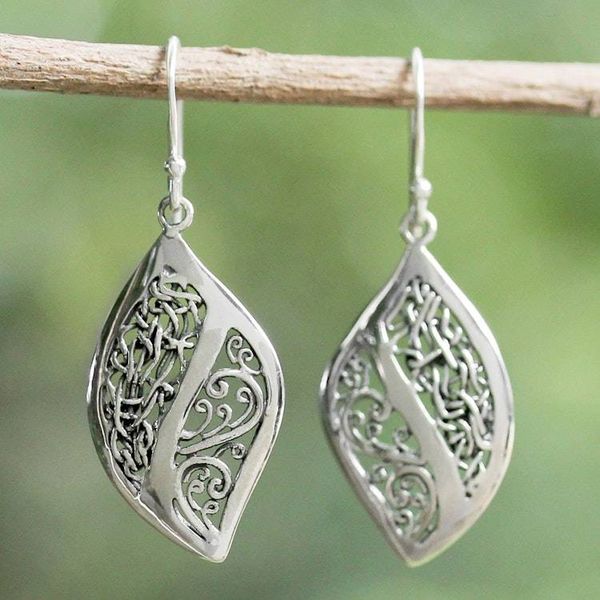 Alternate image for Sterling Silver Vine Motif Dangle Earrings from Thailand Leafy Brambles