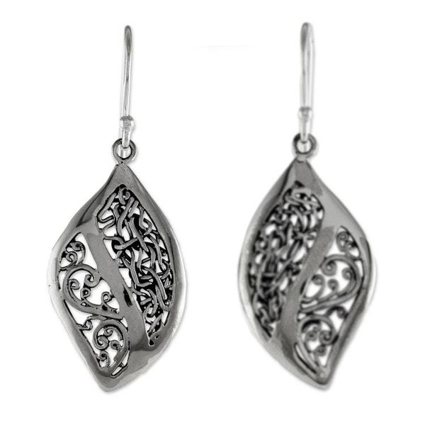 Alternate image for Sterling Silver Vine Motif Dangle Earrings from Thailand Leafy Brambles