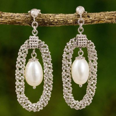 Alternate image for Thai Silver Handcrafted Cultured Pearl Chandelier Earrings Halo Chandeliers