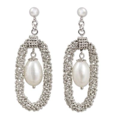 Alternate image for Thai Silver Handcrafted Cultured Pearl Chandelier Earrings Halo Chandeliers