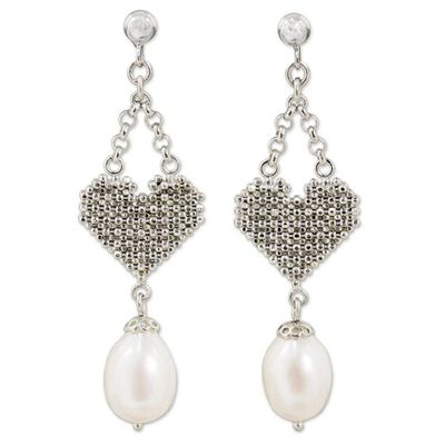 Alternate image for Cultured Pearl Chandelier Heart Earrings from Thailand Heart Chandeliers