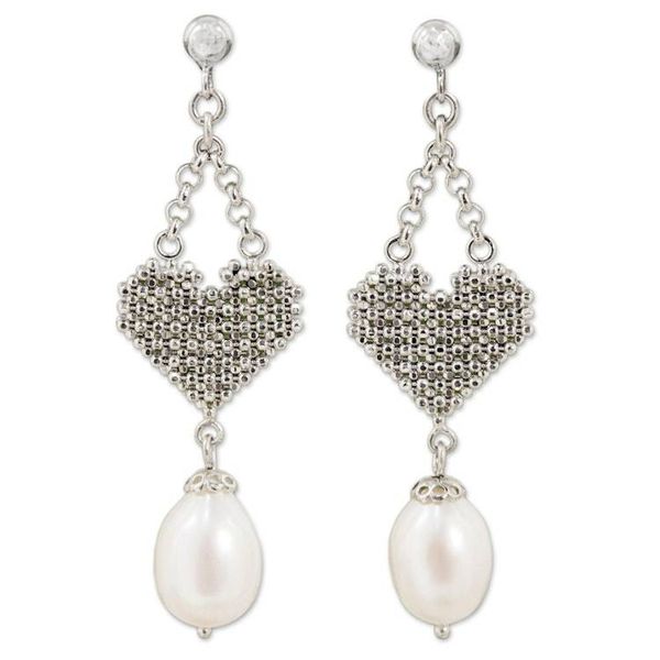 Alternate image for Cultured Pearl Chandelier Heart Earrings from Thailand Heart Chandeliers