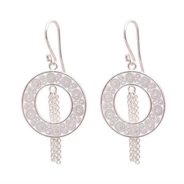 Alternate image for Artisan Crafted Sterling Silver Filigree Dangle Earrings Glinting Circles