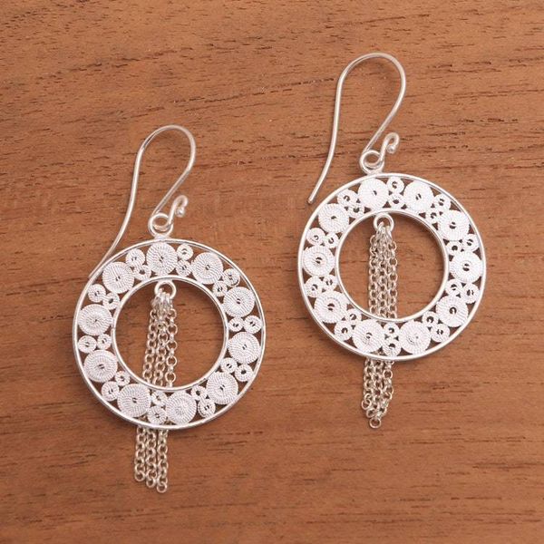 Alternate image for Artisan Crafted Sterling Silver Filigree Dangle Earrings Glinting Circles
