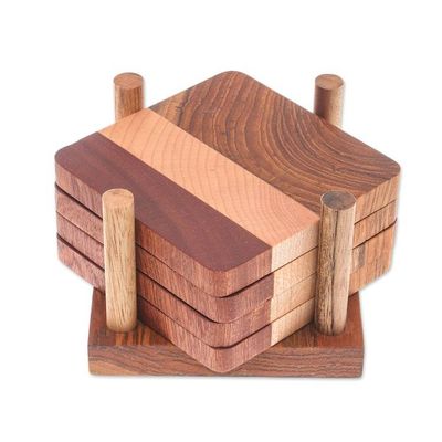 Alternate image for Handmade Wood Coasters and Holder from Thailand Set of 4 Cool Nature