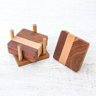 Alternate image for Handmade Wood Coasters and Holder from Thailand Set of 4 Cool Nature