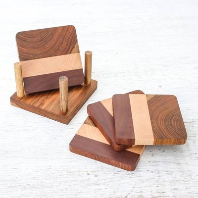 Alternate image for Handmade Wood Coasters and Holder from Thailand Set of 4 Cool Nature