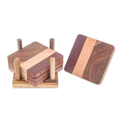 Alternate image for Handmade Wood Coasters and Holder from Thailand Set of 4 Cool Nature