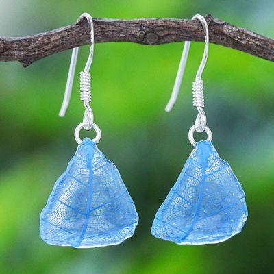Primary image for Sterling Silver and Blue Rubber Tree Leaf Earrings Earthly Delight in Blue