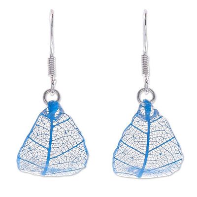 Alternate image for Sterling Silver and Blue Rubber Tree Leaf Earrings Earthly Delight in Blue