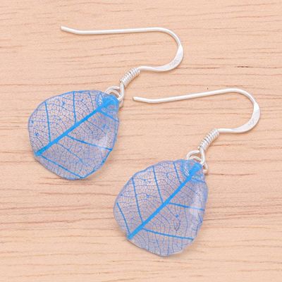 Alternate image for Sterling Silver and Blue Rubber Tree Leaf Earrings Earthly Delight in Blue