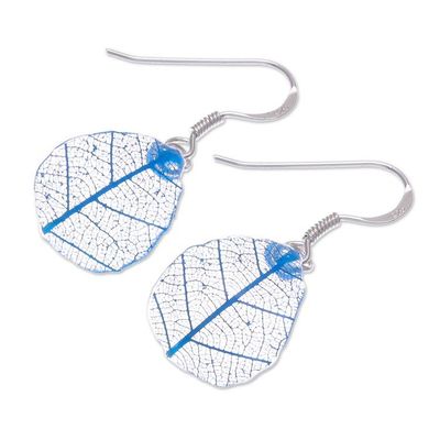 Alternate image for Sterling Silver and Blue Rubber Tree Leaf Earrings Earthly Delight in Blue